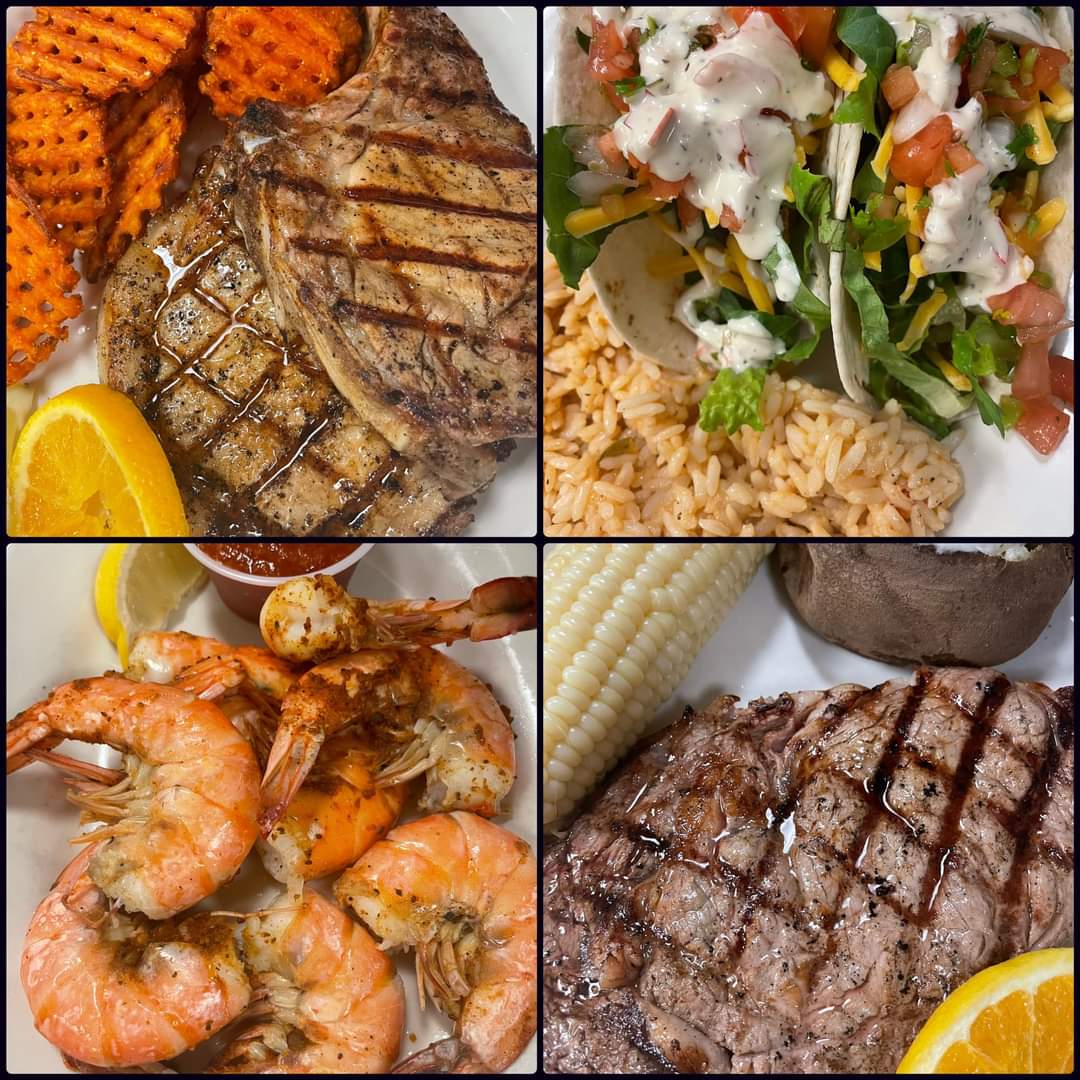 Collage of steak, shrimp and tacos