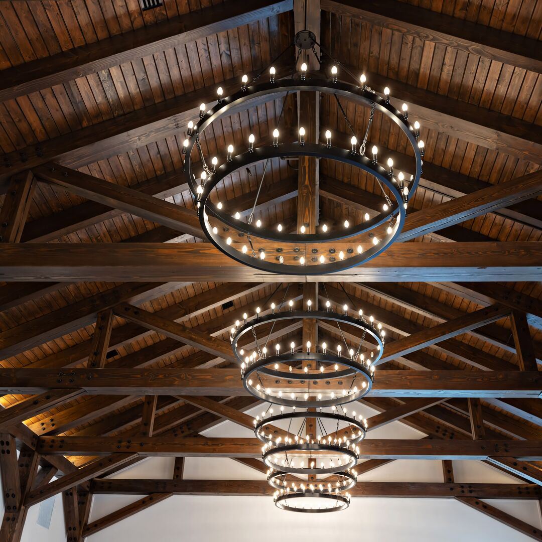 chandeliers in function room at clubhouse